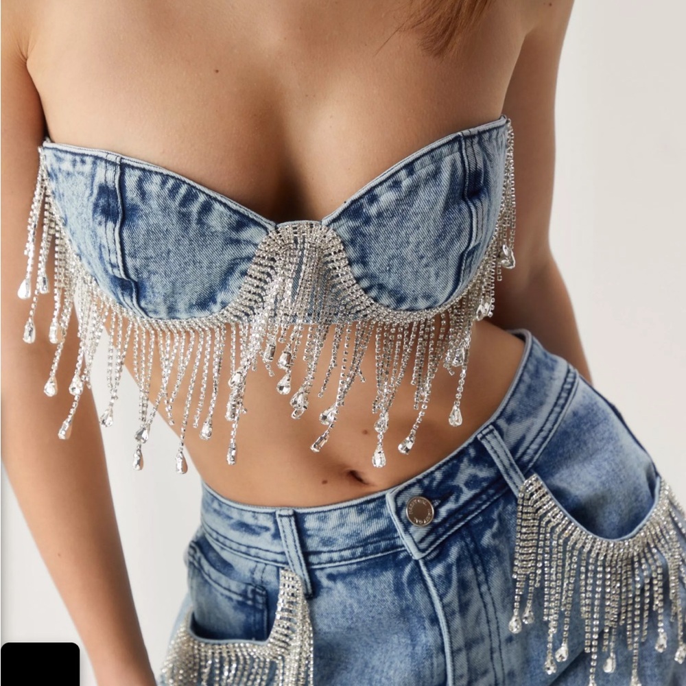 Denim Fringe Embellished Top